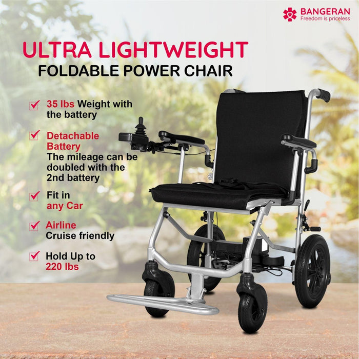 Bangeran Lite Wanderer Lightweight Folding Power Wheelchair - 31 lbs, 220 lb Capacity